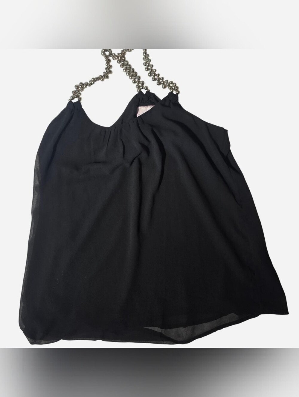 Romeo & Juliet Couture Black Chiffon Blouse Silver Beaded Neck Halter Top